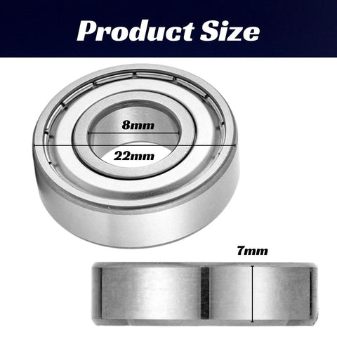 608-ZZ ball bearing, silver metal, shielded, 8mm bore, 22mm outer diameter, 7mm width