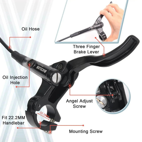 BUCKLOS MTB hydraulic disc brake lever and caliper; black aluminum alloy, three-finger lever, close-up view