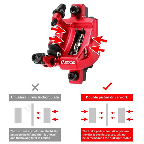 Z00M HB-100 hydraulic disc brake caliper set in red for front and rear MTB bikes, aluminum alloy