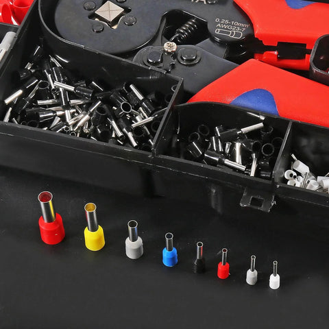 Close-up of Crimp Tool Kit With 1200 Wire Terminals And Insulated Connectors For AWG 23 To 7, various ferrules displayed.