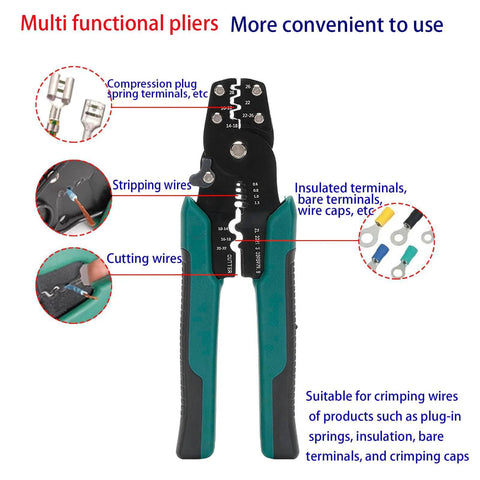 Close-up of multifunction pliers from Tube Shaped Insulated Wire Terminal Kit With 16 AWG Ferrule Terminals, Copper Tin Plated Conductors