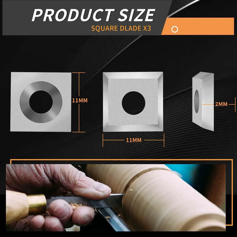 Premium Carbide Lathe Tool Inserts Set For Wood Turning, 12 Pieces Including 11mm Square Radius, shown in use on wood lathe