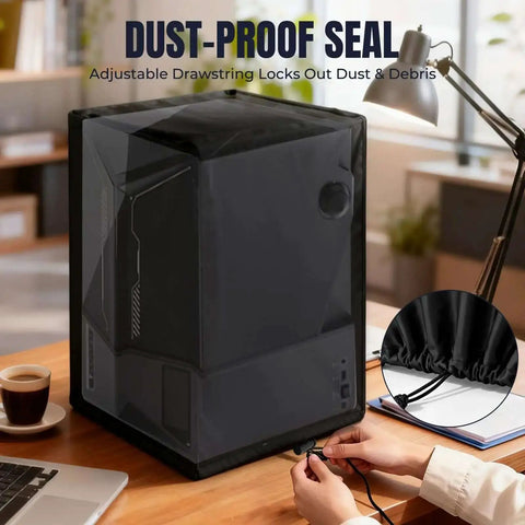 Saturn 4 Ultra Resin 3D Printer Dust Cover With Drawstring And Side Pocket, showing adjustable drawstring seal in use