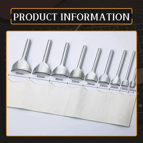 Nine Size Leather Punch Set with Half Round Punch and Leather Corner Punch for DIY projects, 10mm to 50mm sizes displayed.