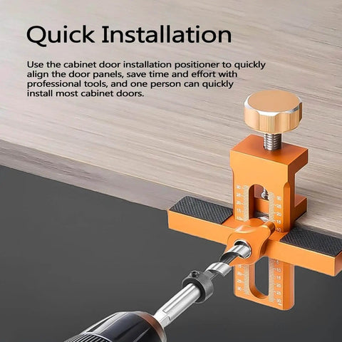 Close-up of Cabinet Door Install Positioner Jig in use, showing adjustable aluminum alloy hinge alignment for one-person setup.