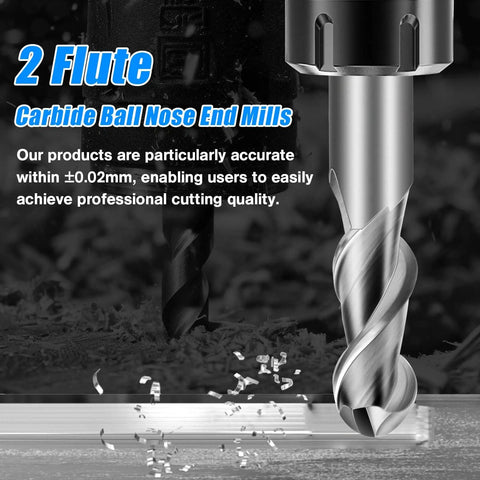 Three Eighths Inch Carbide Ball Nose End Mills With Two Flutes End Mill Bits For Stainless Steel Forged Steel Hardened Steel Copper And Alloys Pro Grade Tungsten Carbide Milling Tools For CNC Cutting with close-up view of 2-flute design cutting metal.