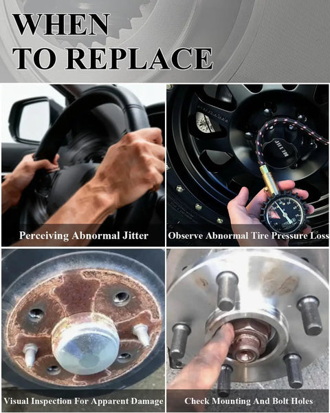 Guide on when to replace vehicle parts: steering wheel jitter, tire pressure loss, rusted wheel hub, and bolt hole inspection.