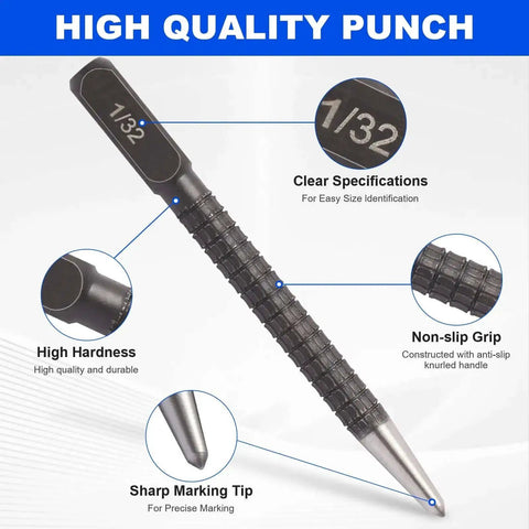 Pro Grade 4 Piece Center Punch Set with 1/32 size, non-slip grip, for metalworking and woodworking, precision marking, hardened steel.