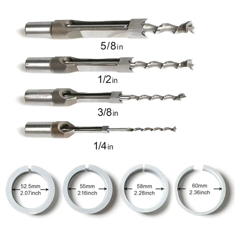 Mortising Attachment Kit For Drill Press And Woodworking Pros With Locator, Press Block, Side Positioning Rod, Fixed Seat, And Four Chisel Sizes One Quarter Inch, Three Eighths Inch, One Half Inch, And Five Eighths Inch, High Quality Steel Drill Bit shown