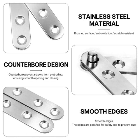 Close-up of 360 Degree Pivot Hidden Door Hinges Set showing stainless steel material, counterbore design, and smooth edges.