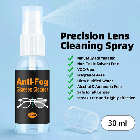 Close-up of 30ml anti-fog glasses cleaner spray bottle from Glasses Cleaning Kit With 24H Anti Fog Spray Microfiber Cloths Brush Wipes.