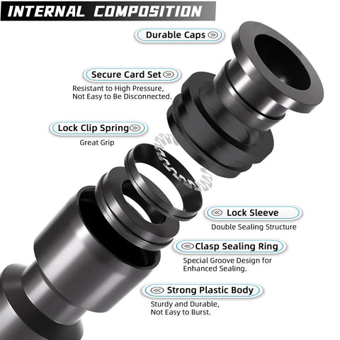 Amazon 30-pack quick-connect 1/4 inch drip irrigation couplers; universal straight fittings, exploded view of internal components.