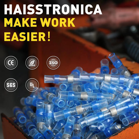 Blue solder-seal heat-shrink butt splice connectors, translucent blue plastic with metal sleeves in a bin