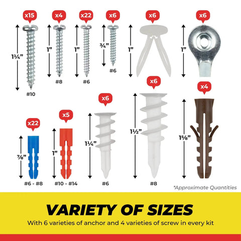 Drywall And Hollow-Wall Anchor Assortment Kit With Screws, Wall Anchors, Hooks, And Hollow-Door Toggle Anchors In A Plastic Organizer Case For Light To Medium Support In Drywall And Masonry, showing variety of anchors and screws.