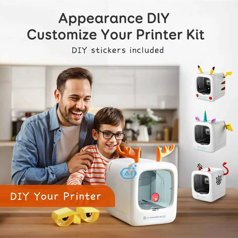 Father and child assembling AI Powered 3D Printer For Kids With 8 PLA Filament Set And AI Design App, DIY stickers included.