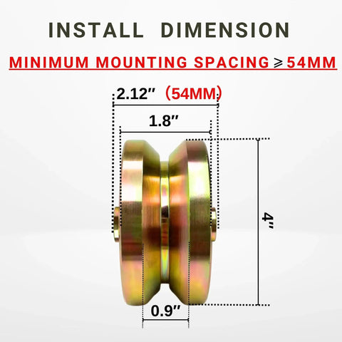 Side view of 4-inch V Groove Gate Wheel Set 54 mm Wide Heavy Duty Steel Wheels with Double Bearings and dimensions.
