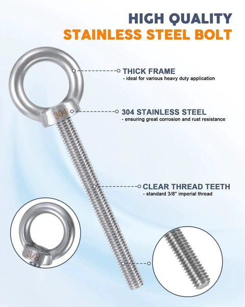 Workhorse Stainless Steel Eye Bolts 3/8-16 Threaded 4 Inch Shank, 5.6 Inch Total Length, 1 Inch Ring Eye, 200 Lbs WLL, Imperial, 4 Pack Includes Bonus Drill Bit