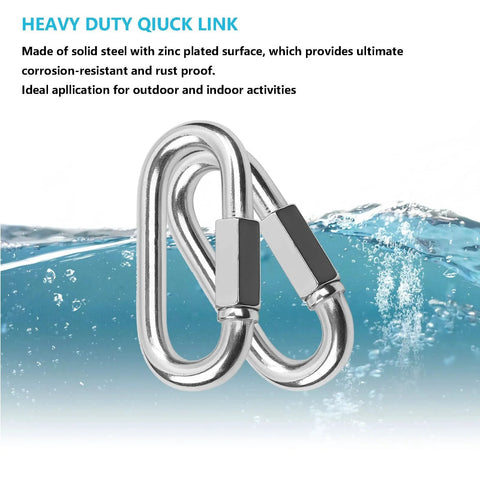 50 Pack One Quarter Inch Quick Links Chain Connectors; galvanized steel carabiner clips shown against a water background