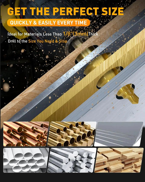 Titanium Coated Step Drill Bit For Metal With Double Cutting Blades And HSS Construction, Short Length Unibit from 1/4 in to 1-3/8 in, drilling in metal and wood materials with Pro Grade quality for steel, aluminum, copper, plastic, wood.