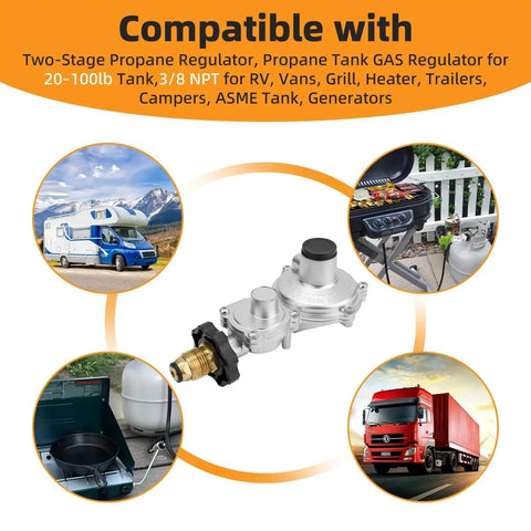 Two Stage Propane Regulator With Soft Nose POL Connection For Twenty To Hundred Pound Tanks 3 Eighth Inch NPT Fitting For RVs Vans Grills Heaters Trailers Campers And Generators ASME Tank ArrogantF