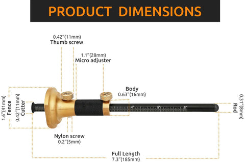 Side view of Pro Grade 7 Inch Brass Wheel Marking Gauge Kit With Anti Roll Fence, Micro Adjuster, Metric and Imperial Ruler dimensions