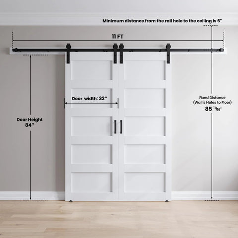 Front view of the Double 32x84 White Barn Door With 11ft Sliding Door Hardware Kit installed, showcasing 5 panel MDF slab in modern farmhouse style.