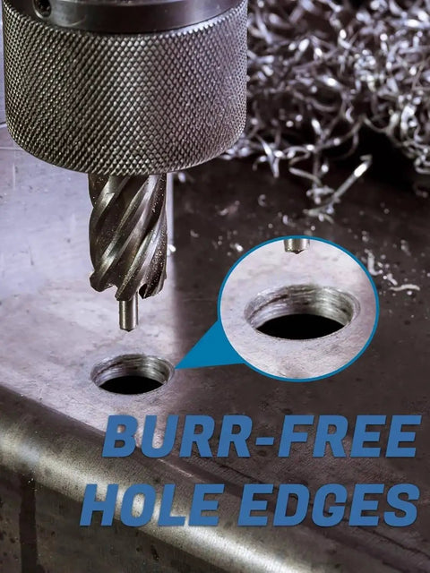 Annular Cutter Set For Mag Drill Boss Style Power With M2 HSS Bits, showing burr-free hole in metal surface