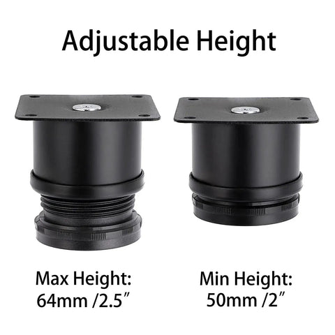 Four 2 Inch Stainless Steel Furniture Legs Set With Adjustable Round Riser Feet showing max and min height comparison.