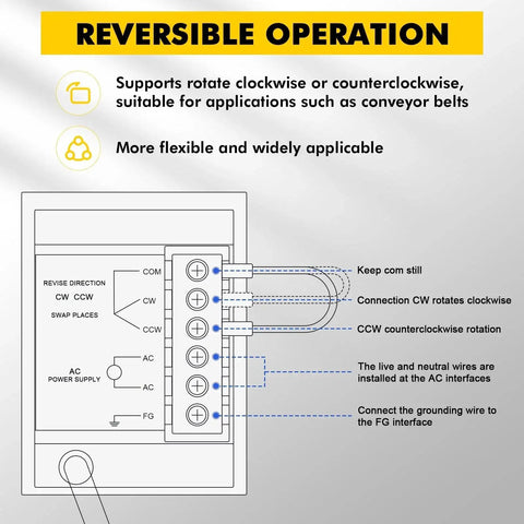 Diagram showing reversible operation of Heavy Duty 250W Variable Speed AC Motor With Gearbox And Bracket For Industry Robotics Automotive.