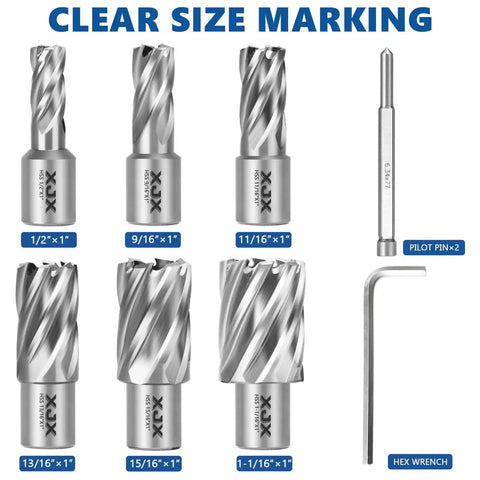 Front view of Annular Cutter Set for Magnetic Drill Press 8 Piece HSS High Speed Steel Bits with Weldon Shank, includes hex wrench