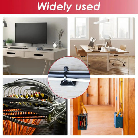 Powerful Back Glue Self Adhesive Cable Zip Tie Mounts Kit showing use in office wiring and cable management applications