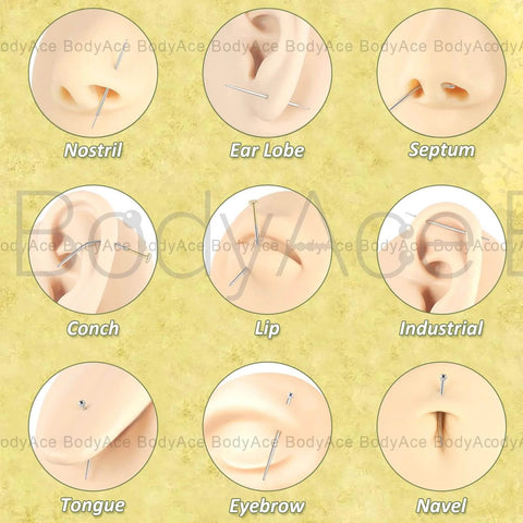Diagram showing Piercing Taper Ball Grabber Tool Set 14G 16G 18G 20G Stainless Steel For Easy Jewelry Change on various body parts.