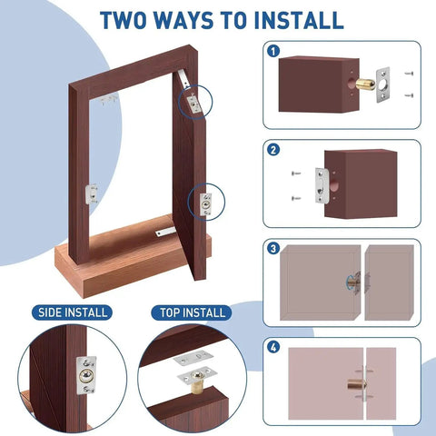 Diagram showing installation of Heavy Duty Pivot Hinge for Secret Hidden Doors and Hidden Bookcase Doors, 300 Lb Load Bearing
