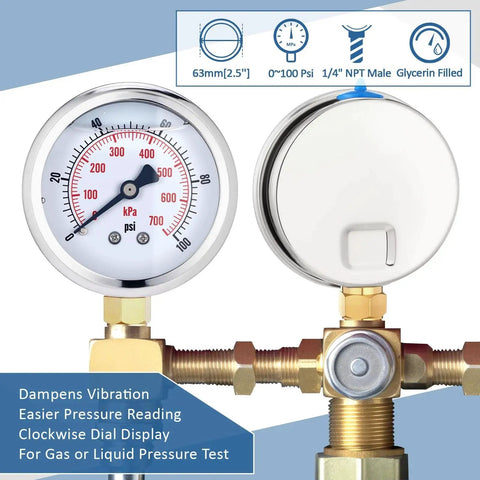 Front view of Six Pack 0 To 100 Psi Glycerin Liquid Filled Pressure Gauges Set on brass mount, 2.5 inch dial, IP67 waterproof for testing.