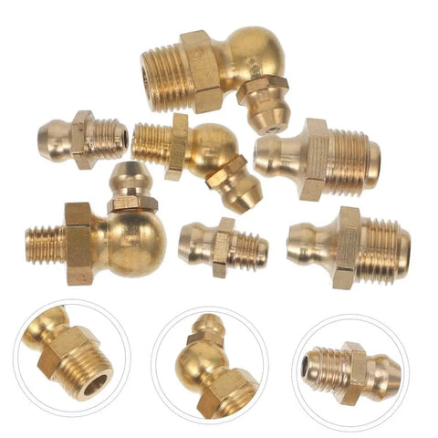 Complete 60-Piece Grease Fitting Kit SAE To 4-28, Straight, 45 Degree And 90 Degree Angles shown in brass material