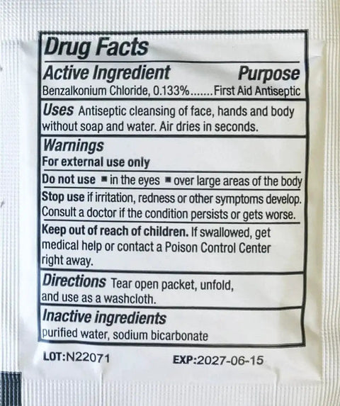 Image of the antiseptic wipe packaging from the On The Go Emergency First Aid Kit For Home Work And Travel Featuring 13 Pieces.