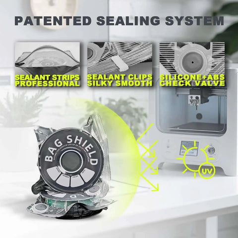 Vacuum Sealed 3D Printing Filament Kit With 20 Lightproof Bags And Vacuum Pump For Moisture Proof Storage Of PA DP PC PLA ABS TPU ASA PETG Desiccant Included with patented sealing system details and Bag Shield display.