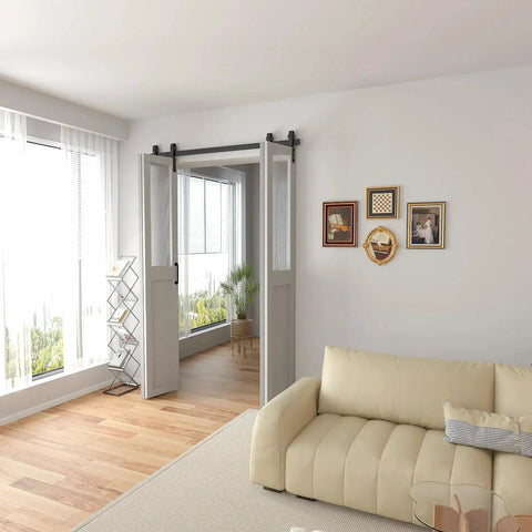 Living room with 60 Inch Bi Folding Sliding Barn Door Hardware Kit For Four Doors With Heavy Duty Side Mounted Rollers installed