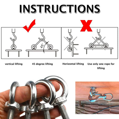 Instruction diagram with Heavy Duty 4 Pack M10 Lifting Eye Bolts In 304 Stainless Steel, corrosion resistant anchor fasteners for lifting.