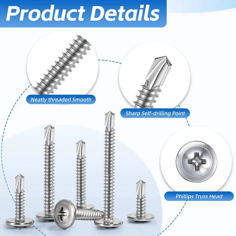 Stainless Steel Workhorse Self Drilling Screws Kit With Number 8 Truss Head Self Tapping Screws For Sheet Metal Auto And Roofing 200 Piece Assortment Includes Half Inch To One And A Half Inch Sizes Durable Corrosion Resistant Fasteners