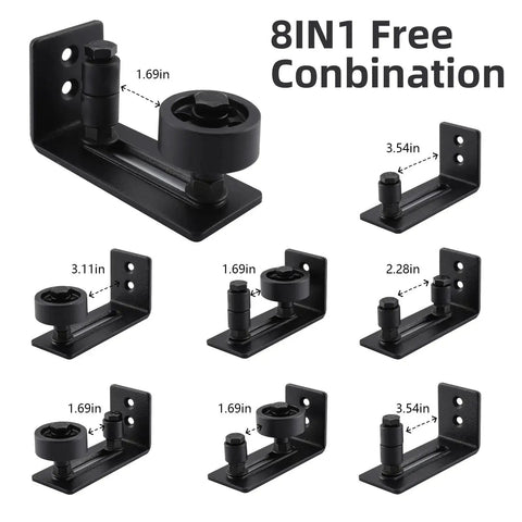 Barn Door Floor Guide Set Black Powder Coated Carbon Steel Construction With Durable POM Nylon Rollers 8 In 1 Adjustable Rollers