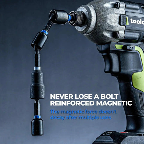 34 Piece Magnetic Nut Driver Set with impact driver bits attached to a drill, showcasing a reinforced magnetic connection for overhead work.