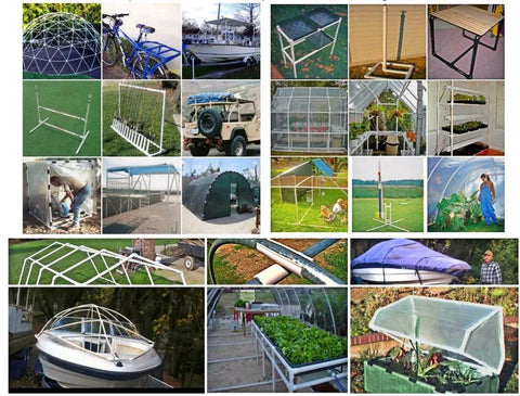 Collage of various DIY projects using 20 Pack Clear Transparent Light Grip Clamps Furniture Grade For One And A Quarter Inch PVC Pipe Or One And A Half Inch EMT Four Inch Long EZ Snap Clamps For Tarps DIY Projects Suitable For DIY Home Improvement And Construction.