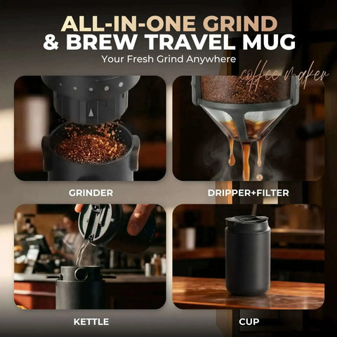 Portable All-In-One Coffee Maker With Built-In Battery And Grinder, showing grinder, dripper, kettle, and insulated mug