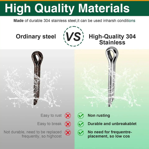 Comparison of ordinary steel vs high-quality 304 stainless steel cotter pins, highlighting rust resistance and durability.