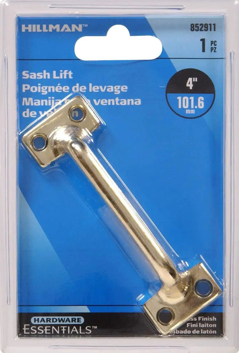 4 Inch Sash Lift Handle Brass Finish, Rust Resistant Steel Window And Cabinet Hardware in packaging, with mounting screws visible