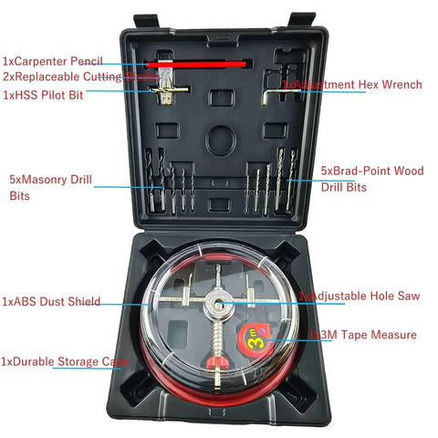 Adjustable Hole Saw Cutter Kit From One And Five Eighths Inch To Eight Inch With ABS Dust Cover For Recessed Lights Ceiling Drywall Or Tile Includes Replaceable Pilot Bits And High Speed Cutting Blades in durable case with accessories.
