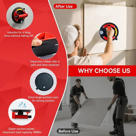 2 Pack 8 Inch Heavy Duty Suction Cups For Lifting Glass Granite Marble 960 Lb used on a wall with red detailed features shown