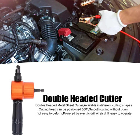 360 Degree Double Head Metal Cutter Attachment shown near engine, ideal for auto repairs, precise cuts in sheet metal and plastic