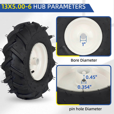 13x5.00-6 Tubeless Tiller Tire And Wheel Set showing hub and bore diameter details for agriculture equipment